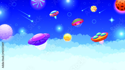 Abstract Aliens On Flying Saucers Dark Background Gradient Unidentified Flying Object Ufo Clouds Vector Design Style
