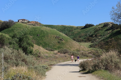 A Mother and Daughter Family Walking their Dog on a Country Dirt Road in the California Springtime Hills