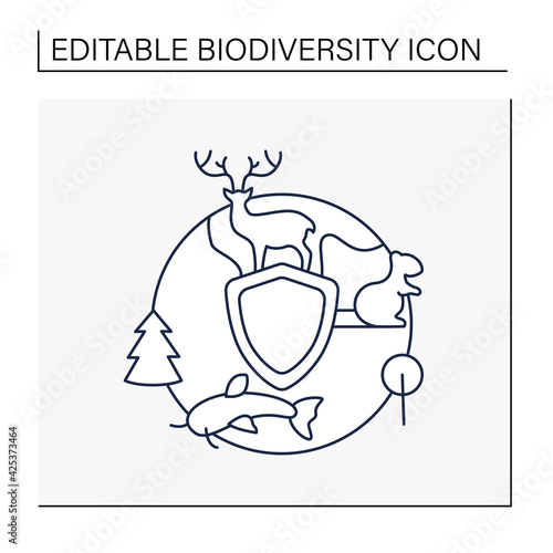 Biodiversity protection line icon.Limiting deforestation.Reduce air pollution.Fighting global warming. Saving flora and fauna.Ecosystem protection concept. Isolated vector illustration.Editable stroke