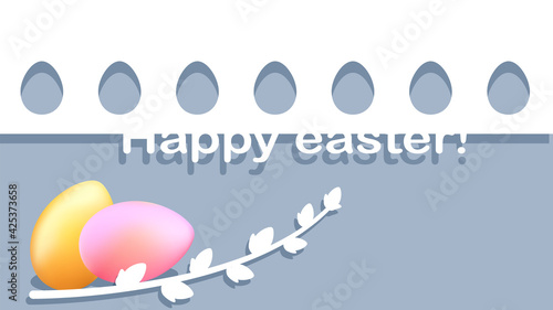 Easter eggs and pussy willow branch. Holiday postcard