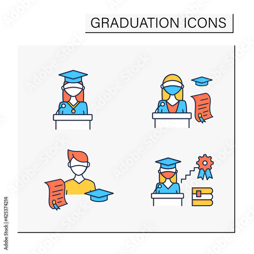Graduation color icons set. Professional development. Academic career, undergraduate student, graduation speech, ceremony. Studying concept. Isolated vector illustrations