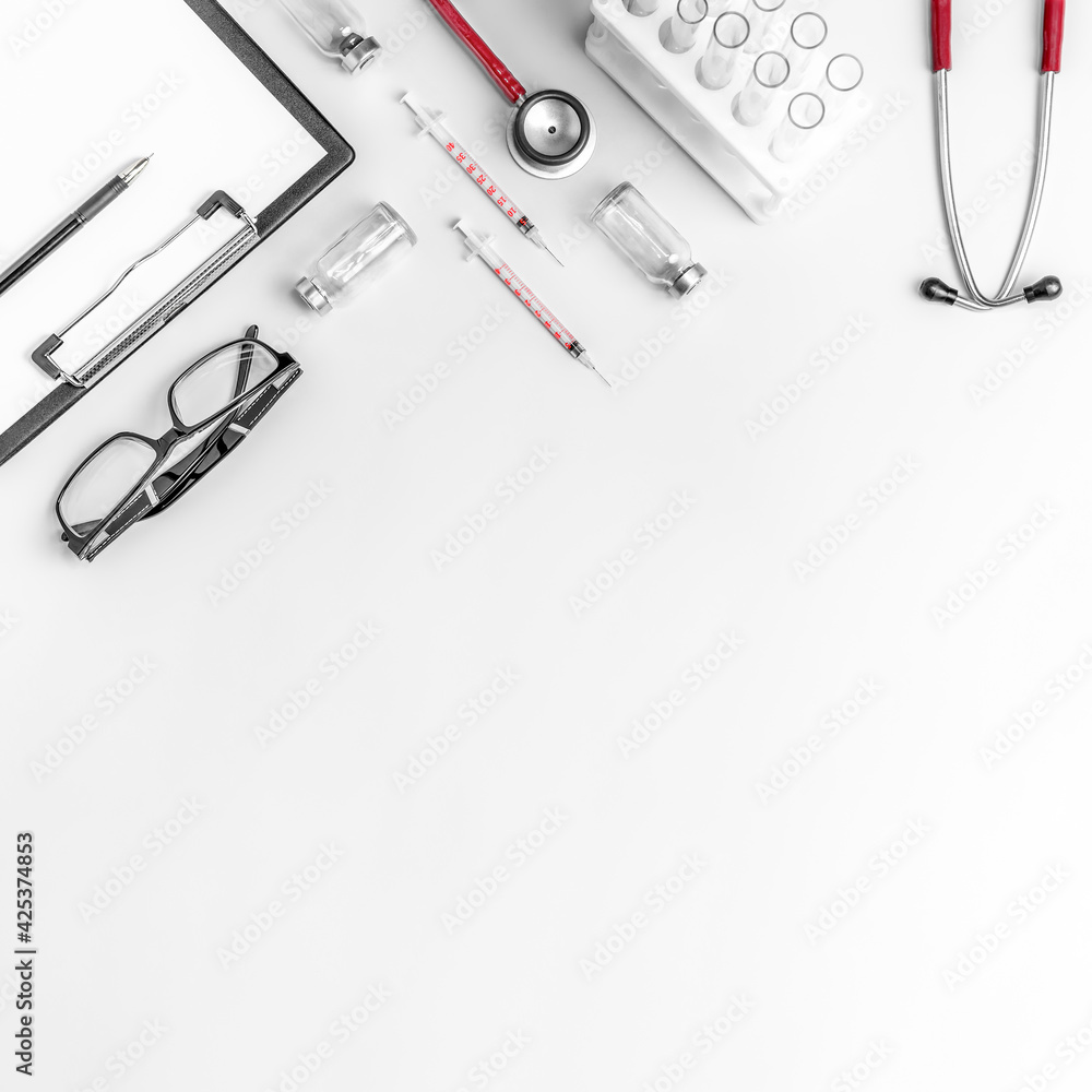 Flat lay photo of online medicine concept. Flat lay photo of online medicine concept.