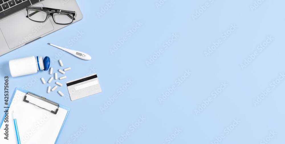 Flat lay photo of online medicine concept. Flat lay photo of online medicine concept.