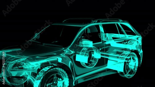 CGI motion graphics of blue car hologram glowing and flickering. Camera flying through interior of car