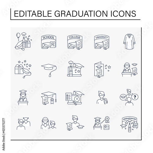 Graduation line icons set. Personal growth, professional development. Graduation party, academic career and special uniform. Studying concept. Isolated vector illustrations.Editable stroke