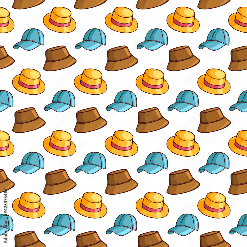 Hats seamless pattern. Baseball cap, bucket Hat, hat. Colored vector background for textile decoration, gift wrapping, souvenir products.