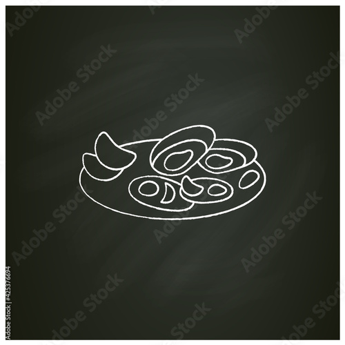  Asari clams chalk icon.Fried in butter clams on plate. Traditional dish.Spring Japanese food concept. Isolated vector illustration on chalkboard