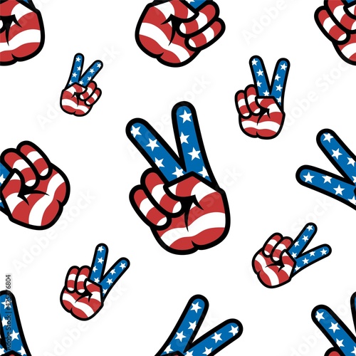 Peace sign. Gesture V victory or peace sign in the colors of the American flag, patriotic sign, seamless background