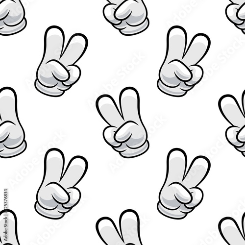 A sign of peace. Gesture V sign of victory or peace, the hand of a cartoon character in a glove with four fingers seamless background