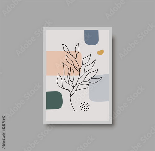 Botanical wall art abstract vector. Foliage line drawing. Neutral boho art print. Minimal mid century wall art print for bedroom decor. Gallery decor poster, terracota watercolor. Vector poster