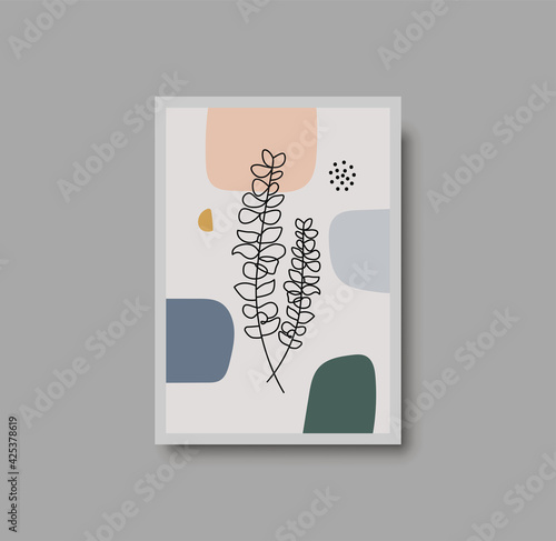 Botanical wall art abstract vector. Foliage line drawing. Neutral boho art print. Minimal mid century wall art print for bedroom decor. Gallery decor poster, terracota watercolor. Vector poster