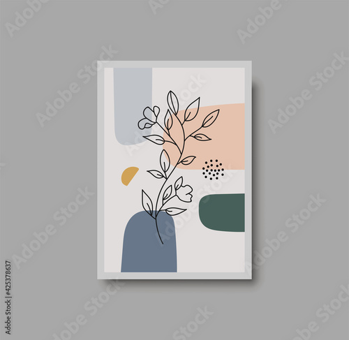 Botanical wall art abstract vector. Foliage line drawing. Neutral boho art print. Minimal mid century wall art print for bedroom decor. Gallery decor poster, terracota watercolor. Vector poster
