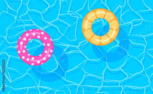 Swimming pool summer background with colorful lifebuoys. Pool party template banner. Float rings. Vector illustration in trendy flat style.
