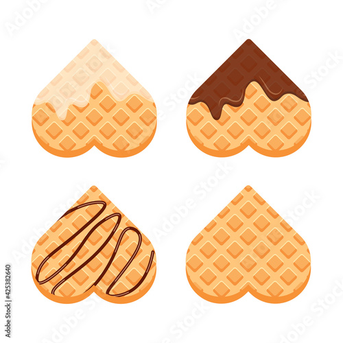 Viennese or belgian waffles with vanilla cream and chocolate. Set of heart shaped waffle. Vector illustration in trendy flat style isolated on white background