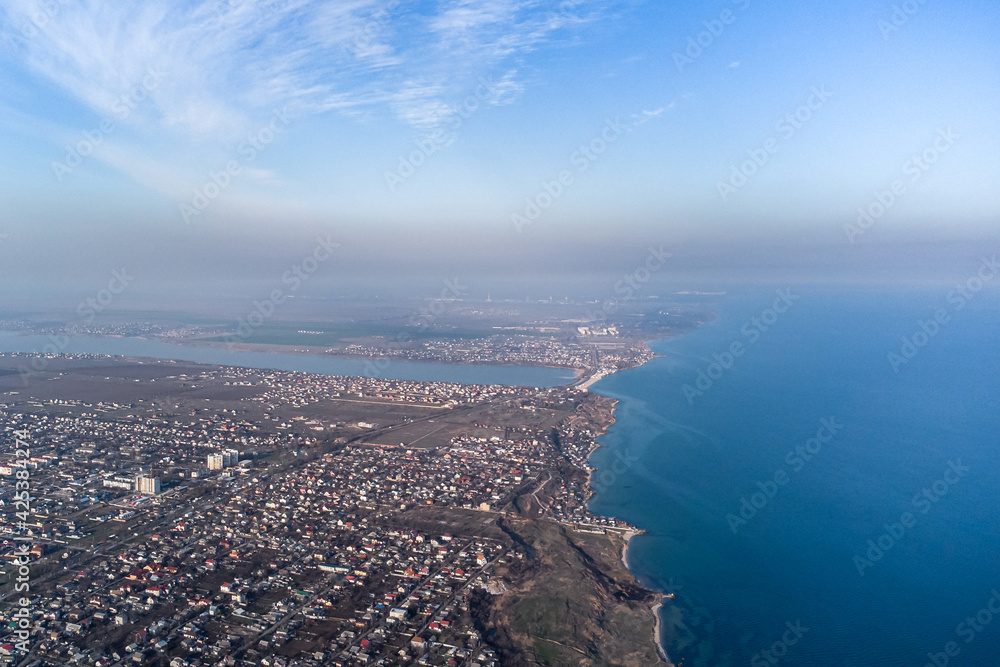View of the village of Fontanka on the Black Sea coast near Odessa. Photo from a helicopter.