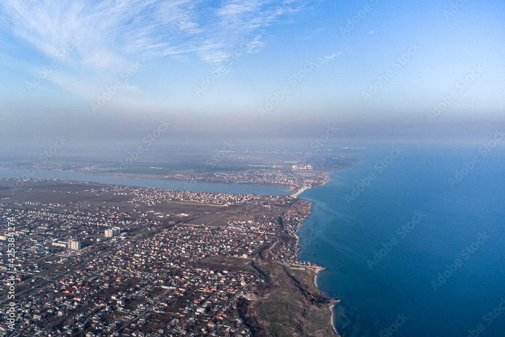 Naklejka premium View of the village of Fontanka on the Black Sea coast near Odessa. Photo from a helicopter.