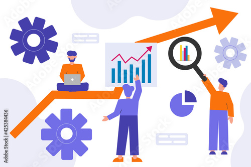 Concept of idea growing, teamwork and business constraction and analitics. People work together. Analysis of data and graphs. Promotion and success. Flat characters. Vector illustratoin.