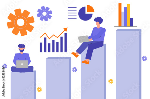 Concept of idea growing, teamwork and business constraction and analitics. People work together. Analysis of data and graphs. Promotion and success. Flat characters. Vector illustratoin.