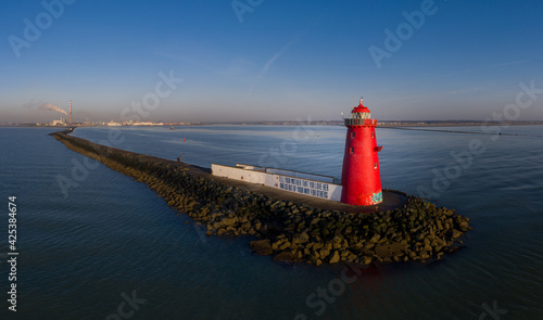 Aerial view of the Poolbeg Lighthouse at the entrance to Dublin Port.
