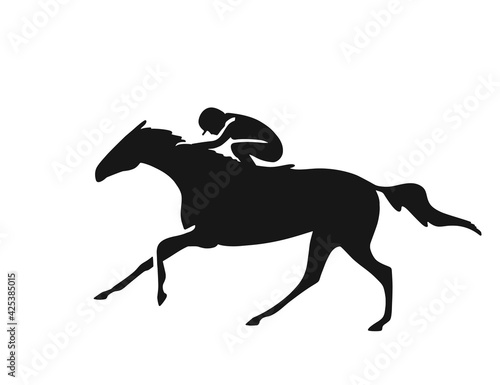 Silhouette of jockey and horse on white background