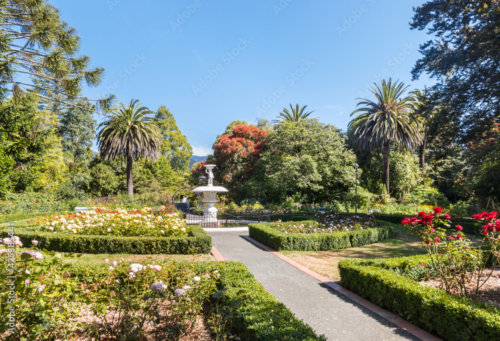 Queen's Garden in Nelson, New Zealand with Victorian ornamental park and cupid fountain