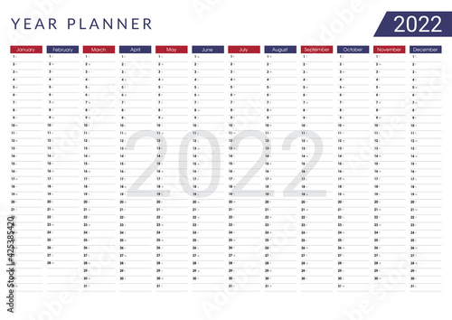 2022 Year wall calendar with USA flag colors, for printing. Vector annual calendar template with spaces for notes. Red, white, blue