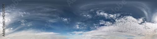 Seamless blue sky hdri panorama 360 degrees angle view with beautiful clouds for use in 3d graphics or game development as sky dome or edit drone shot