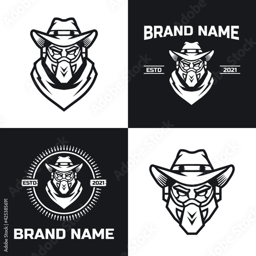 Set of cyborg cowboy logo vector. Isolated on white and black background.