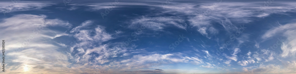 blue sky with beautiful fluffy clouds without ground. Seamless hdri panorama 360 degrees angle view without ground for use in 3d graphics or game development as sky dome or edit drone shot