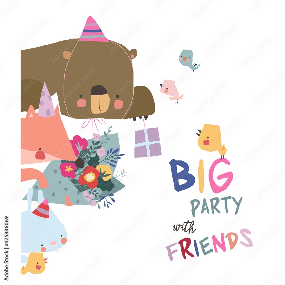 Obraz premium Birthday card with cute animals celebrating holiday