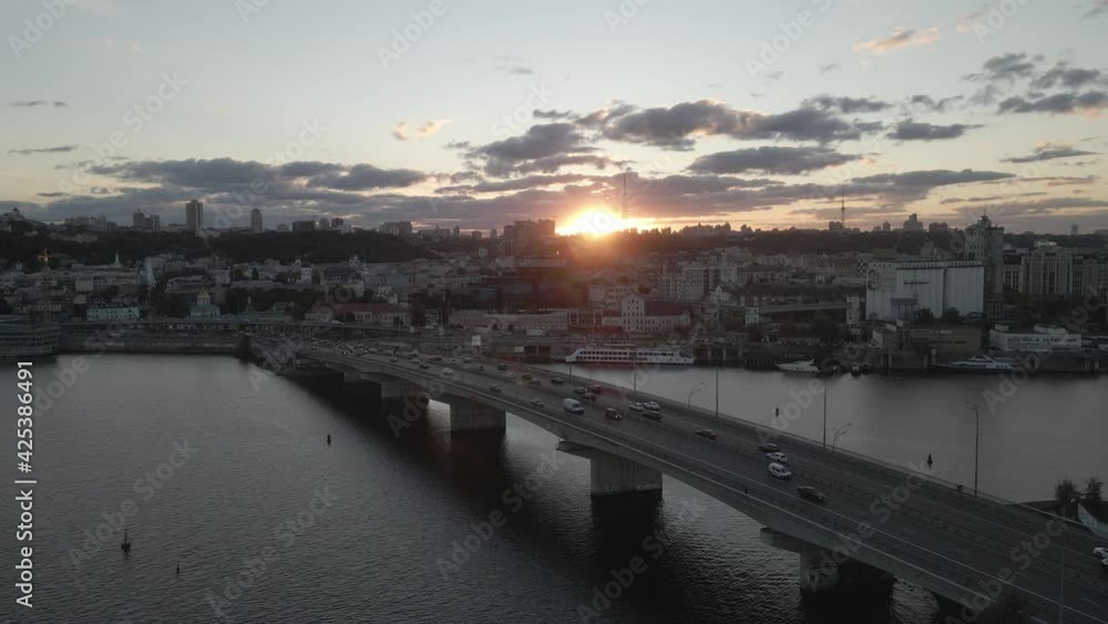 Aerial view of the sunset in the center of Kiev near the embankment Aerial view of the sunset in the center of Kiev near the embankment