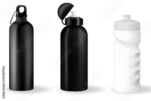 Sports stainless bottle white and black empty glossy metal shaker for sports nutrition icon set closeup on white background. Design template of packaging mockup for graphics.