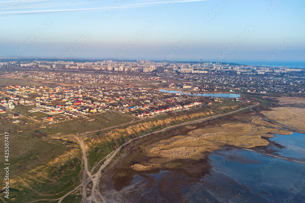 View from the helicopter to Odessa, Kuyalnitsky estuary and the Black Sea.