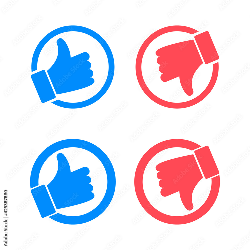 Like and dislike vector flat Icons. Thumbs up and thumbs down icons. Blue like button, red dislike button. Design Elements for smm, ad, marketing, ui, ux, app. Vector illustration Like and dislike vector flat Icons. Thumbs up and thumbs down icons. Blue like button, red dislike button. Design Elements for smm, ad, marketing, ui, ux, app. Vector illustration