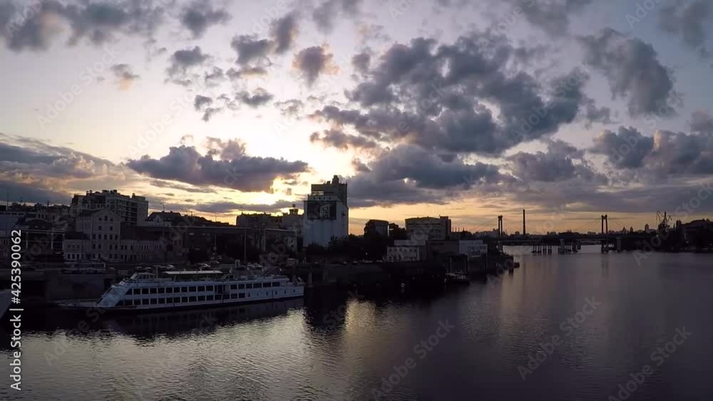 Aerial view of the sunset in the center of Kiev near the embankment Aerial view of the sunset in the center of Kiev near the embankment
