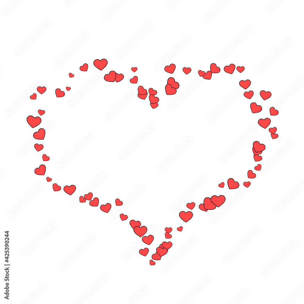 Romantic pattern of red hearts on a white background. Vector isolated cartoon illustration