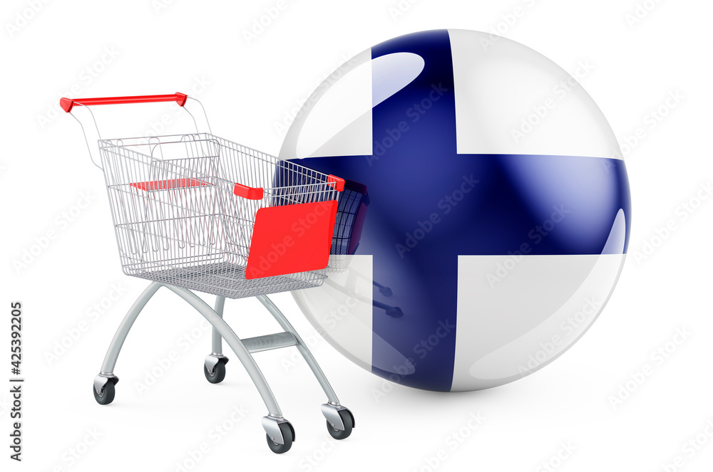 Shopping cart with Finnish flag. Shopping in Finland concept. 3D rendering Shopping cart with Finnish flag. Shopping in Finland concept. 3D rendering