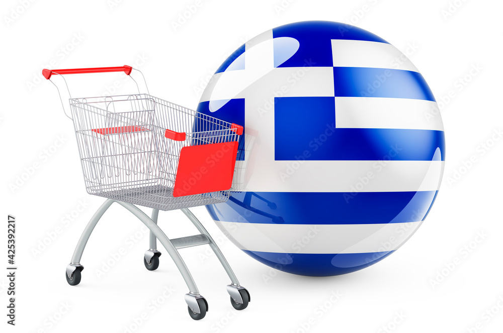 Shopping cart with Greek flag. Shopping in Greece concept. 3D rendering Shopping cart with Greek flag. Shopping in Greece concept. 3D rendering