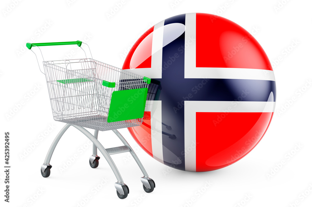 Shopping cart with Norwegian flag. Shopping in Norway concept. 3D rendering Shopping cart with Norwegian flag. Shopping in Norway concept. 3D rendering
