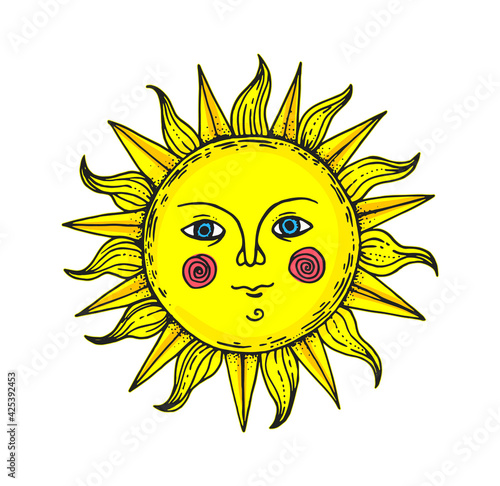 Mystical sun illustration. Hand drawn sketch. Amon ra god. Pagan symbol. Vector illustration.