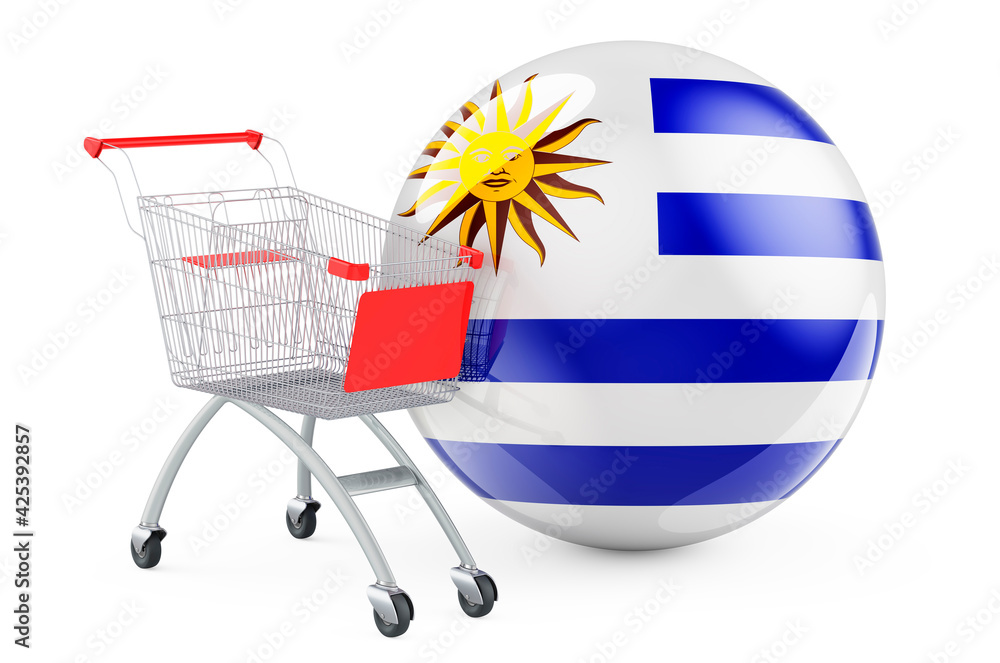 Shopping cart with Uruguayan flag. Shopping in Uruguay concept. 3D rendering Shopping cart with Uruguayan flag. Shopping in Uruguay concept. 3D rendering