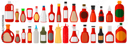 Illustration on theme big kit varied glass bottles filled liquid sauce chili