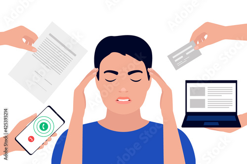 Man tired in stress at multitasking work and overworked. Businessman hold head hands because of headache and tension from job. Male needs to answer phone call, sign document, work at computer. Vector