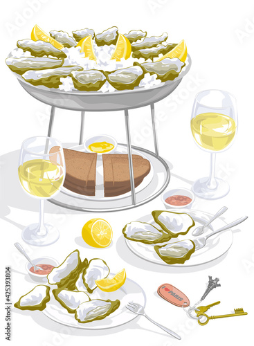 Traditional French serving of oysters on ice with lemon, rye bread, butter, onions vinegar sauce. Two glasses of white wine.