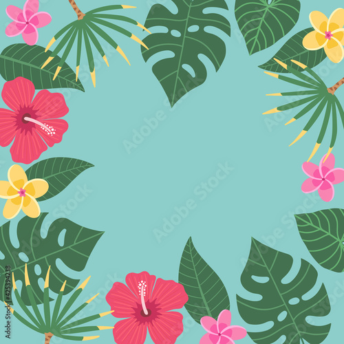 Fototapeta Naklejka Na Ścianę i Meble -  Design frame for your text with flat tropical exotic leaves and flowers on white background. Hawaiian style. Perfect template for invitation, poster, banner etc. Vector illustration