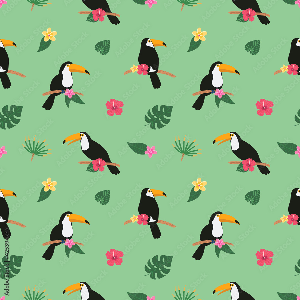 Fototapeta premium Summer colorful bright seamless hand drawn tropical pattern with toucan birds and exotic plant leaves and flowers of hibiscus on white background. Hawaiian style. Vector illustration