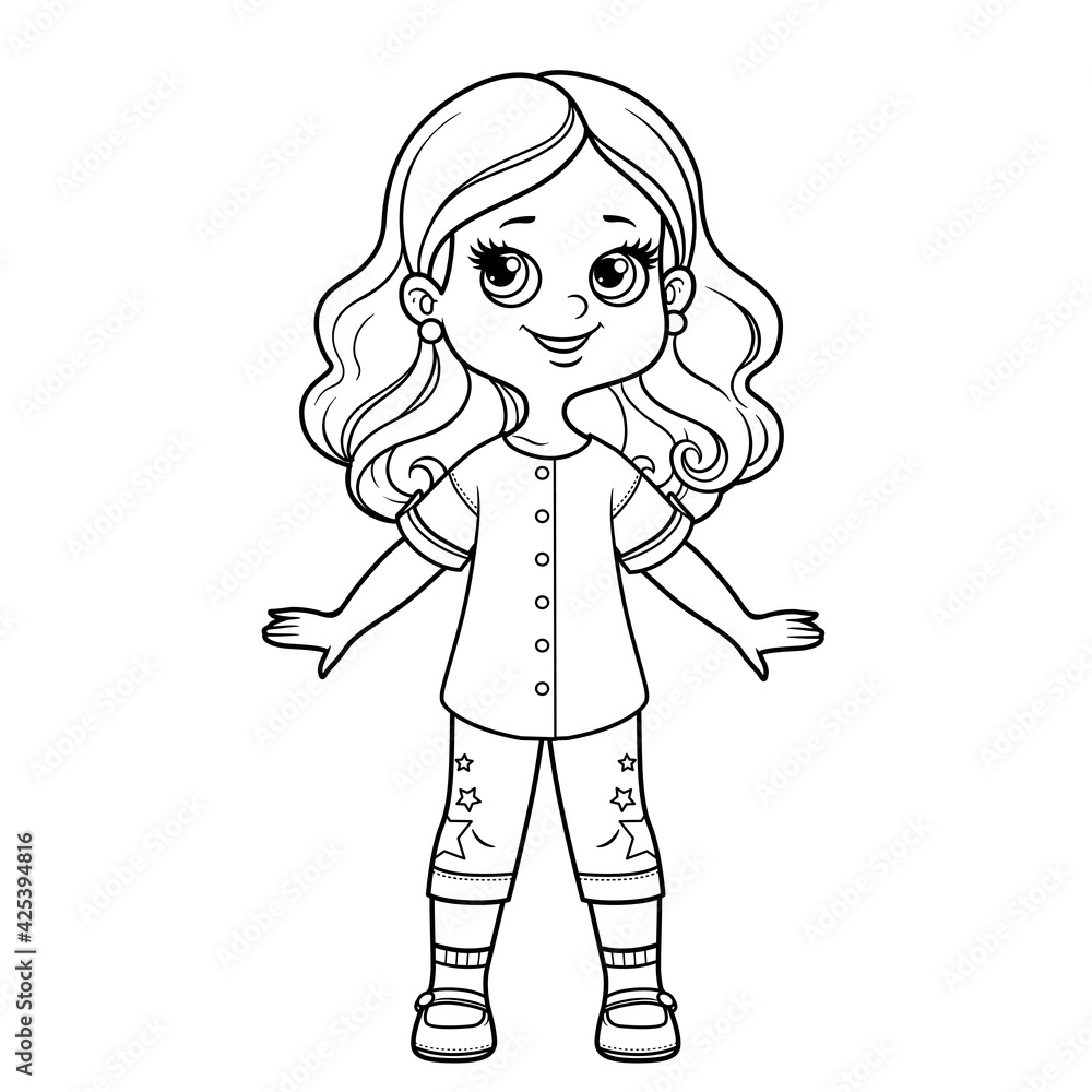 Cute cartoon girl inin a long tunic and breeches with star applique outline for coloring on a white background Cute cartoon girl inin a long tunic and breeches with star applique outline for coloring on a white background