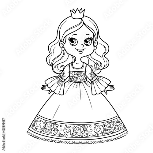 Cute cartoon princess girl in ball gown with roses ornament and little crown outline for coloring on a white background