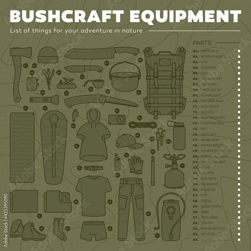 Vector list with icons of bushcraft equipment. Isolated on green background  with contour line. Stock Vector