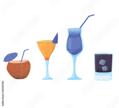 cocktails in different glasses isolated on white background. bar card. summer beach cocktails. cocktail in coconut. popular cocktails for the menu. vector